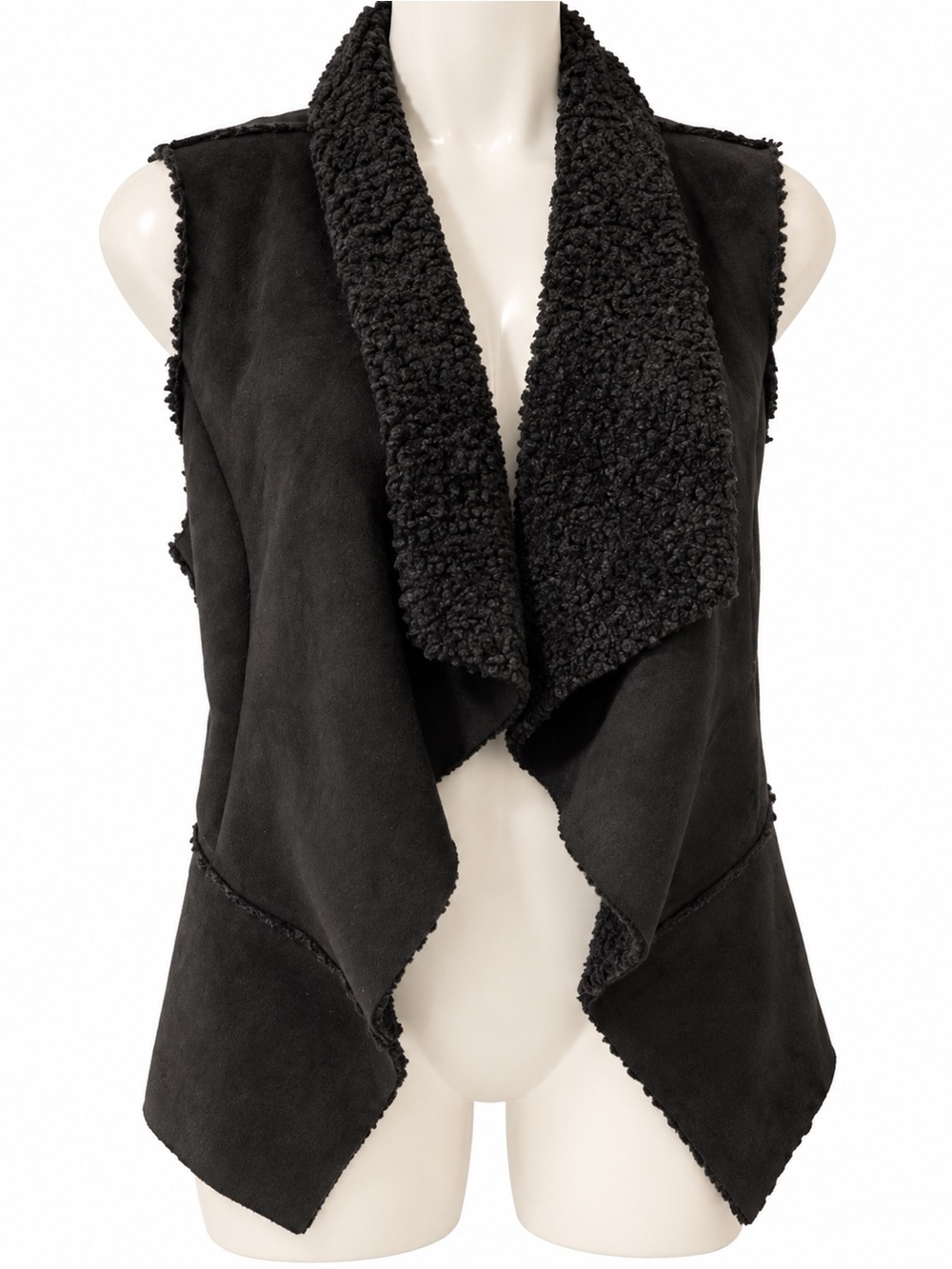 RW&CO. Black Faux-Shearling Draped Open Front Vest
